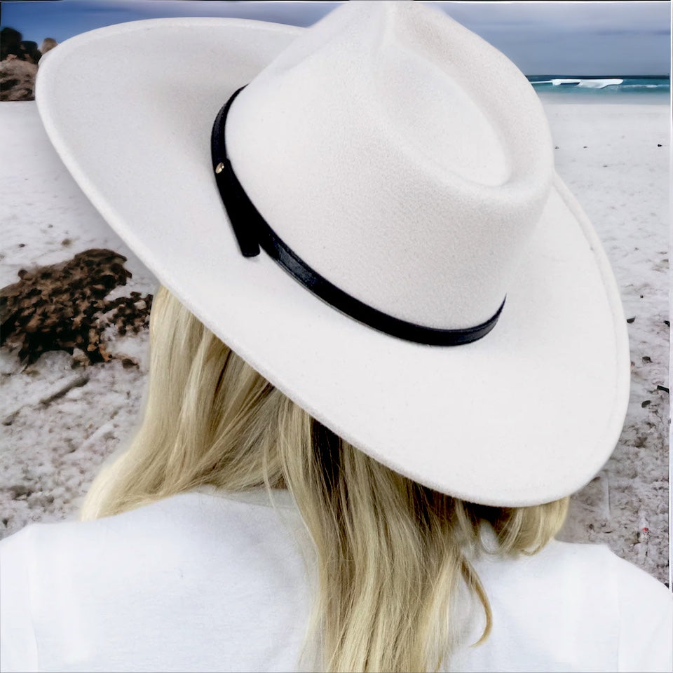 White Boho hat with leather strap